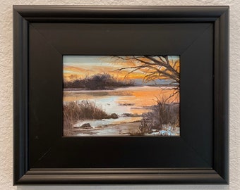 When The Sun Shines On The Frozen Marsh- an original oil painting on  panel framed to 10x12.