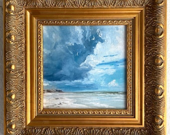 Stormy Beach- an original 6x6 oil painting on linen panel framed to 10x10 in a gorgeous ornate frame