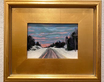 Winter Morning On The Drive To Work- an original 5x7 oil painting on linen panel framed in an 11x13 gold leafed frame with a “vintage” look