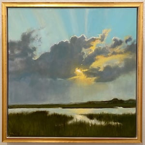 Light Moves Across The Marsh-Original 24x24 oil painting framed in a gorgeous custom deep floater frame  gold leafing and white wash sides