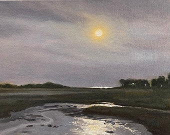 Serious Moonlight-12x24 oil painting on a deep canvas. Moonlight Reflections Moody Landscape Impressionism Sides are finished. Wired to hang