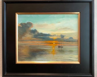 As The Sun Set Over The Bay- an original 11x14 oil painting on a panel framed in a gorgeous 18x21 black plein air frame with a gold lip
