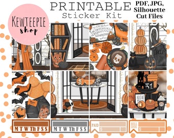 May include: A printable sticker kit with a Halloween theme. The stickers feature a variety of spooky and cute designs, including a witch, a pumpkin, a ghost, a bat, a spider, a cauldron, a haunted house, and a graveyard. The stickers are perfect for decorating planners, journals, laptops, water bottles, and more.