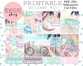 Op de afbeelding: Een printbare stickerset met een zomers strandthema. De set bevat stickers van een vrouw in badkleding, een fiets, een smoothiebowl, een ijslolly, een parasol, een hartvormige schommel en meer. De stickers zijn bedoeld om te gebruiken in een planner of dagboek.