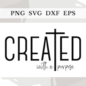 Puede incluir: Diseño gráfico en blanco y negro con el texto "CREATED with a purpose" y un símbolo de cruz.