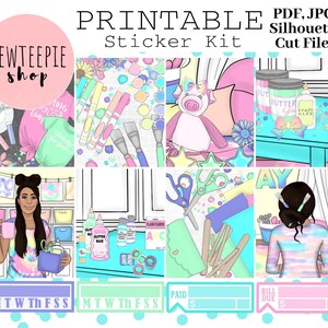 Puede incluir: Kit de pegatinas imprimibles con un esquema de color pastel. El kit incluye imágenes de un unicornio, pinceles, tijeras, pegamento y una niña con una camiseta tie-dye. El texto "KEWTEEPIE shop" está en un círculo rosa en la parte superior izquierda de la imagen. El texto "PRINTABLE Sticker Kit" está en la parte superior central de la imagen. El texto "PDF, JPG, Silhouette Cut Files" está en la parte superior derecha de la imagen. El texto "MTWTHFSS" está en la parte inferior izquierda de la imagen. El texto "MTWTHESS" está en la parte inferior central de la imagen. El texto "PAID" está en la parte inferior central de la imagen. El texto "BILL DUE" está en la parte inferior derecha de la imagen.