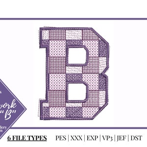 May include: Embroidery design of the letter "B" in a patchwork style with purple and white squares. The design comes in three sizes and six file types: PES, XXX, EXP, VP3, JEF, and DST.