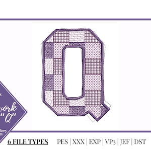 May include: A patchwork letter "Q" embroidery design in three sizes. The letter is made up of a checkered pattern in shades of purple and white. The design is available in six file types: PES, XXX, EXP, VP3, JEF, and DST.