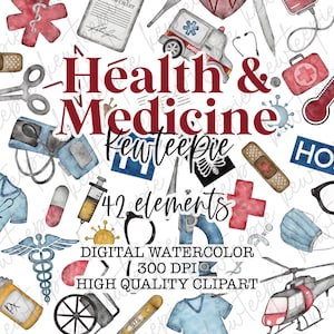 Salud y Medicina Acuarela Clipart / Clipart Médico / Medicina Clipart / Diseños de Acuarela / Clipart Transparente / Clipart Hospital