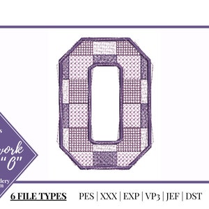 May include: Embroidery design of a patchwork letter "O" in purple and white. The design is available in 3 sizes and 6 file types: PES, XXX, EXP, VP3, JEF, and DST.