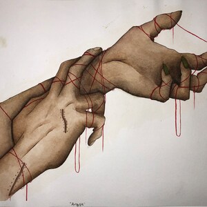 May include: Watercolour painting of two hands intertwined, bound with red thread. One hand has a scar. The nails are painted green. The artwork is titled "Argyle" and dated January 21, 2021.