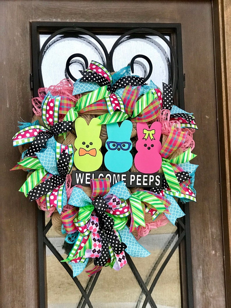 PEEPS Easter bunny large wreath for front door deco mesh burlap Easter decorations pink green blue