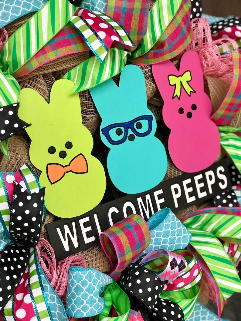 PEEPS Easter bunny large wreath for front door deco mesh burlap Easter decorations pink green blue