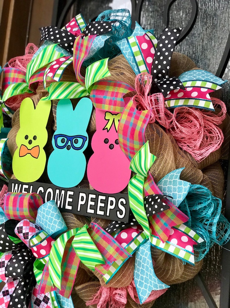 PEEPS Easter bunny large wreath for front door deco mesh burlap Easter decorations pink green blue