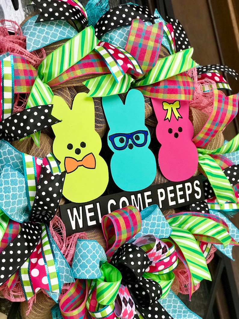 PEEPS Easter bunny large wreath for front door deco mesh burlap Easter decorations pink green blue