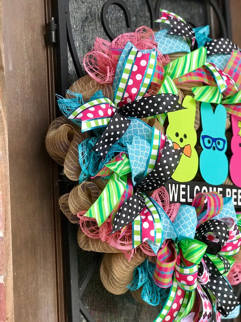 PEEPS Easter bunny large wreath for front door deco mesh burlap Easter decorations pink green blue
