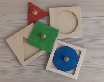 Montessori Wood Puzzle, Peg Board Geometric Shape Match Baby Educational Toy, Gift