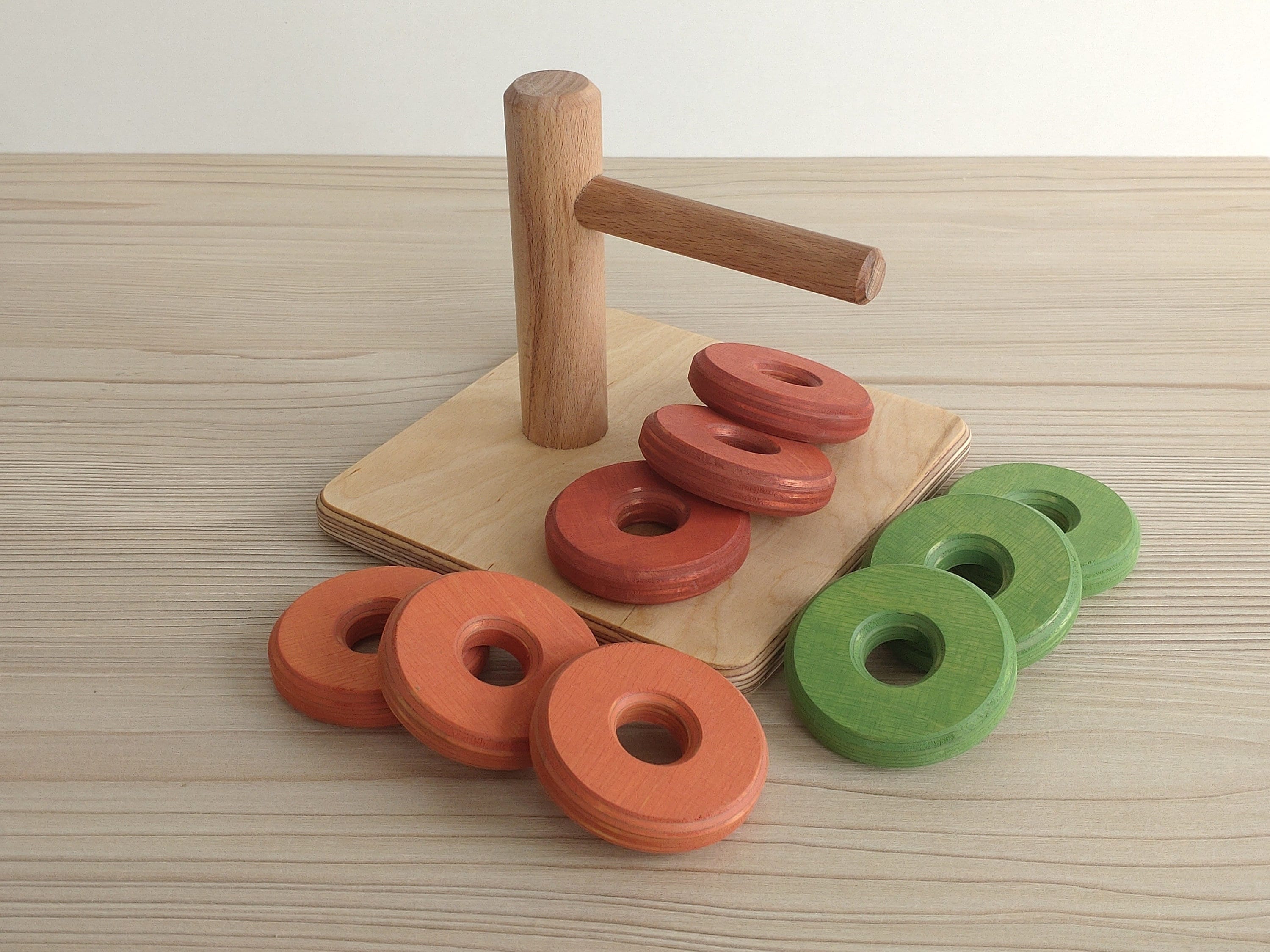 3 Coloured Discs On Horizontal Dowel, Montessori Stacking Materials