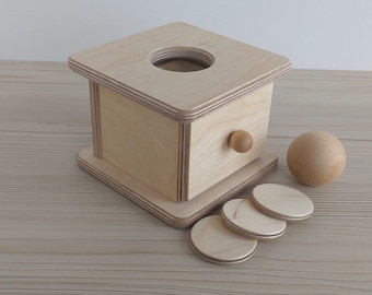 Montessori Imbucare Box with Ball and Coins, Wooden Educational Toy