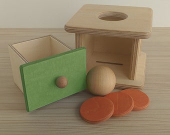 Montessori Imbucare Box: Wooden Toy with Ball & Coins