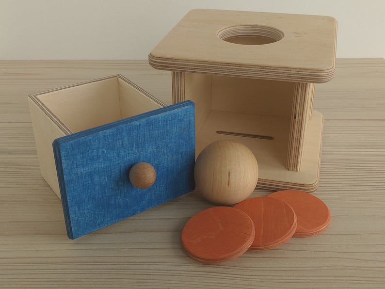 Montessori Säugling Imbucare Box Ball und Münze 2in1 Montessori Baby Holzspielzeug Vorschule Früh, erstes Geschenk Spielzeug Blue