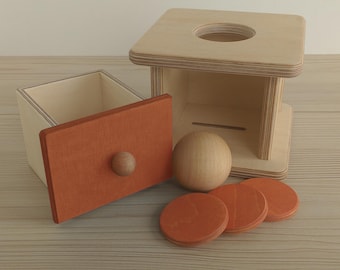 Montessori Imbucare Box with Coins and Ball, Wooden Toy