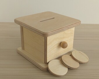 Montessori Coin Box, Imbucare Box with Wood Coins, Learning Toy