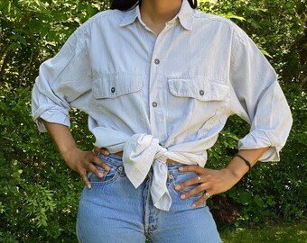 Minimalist Oversized Shirt / Calvin Klein Pinstripe / Grey & White / 90s Front Button Up