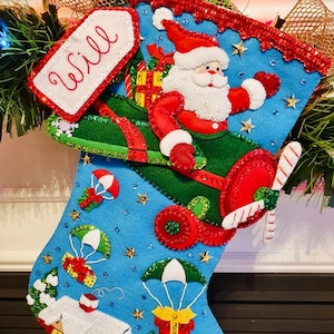 Bucilla Christmas Stocking, Felt Stocking, Christmas Stocking, Airplane Santa - Made to Order