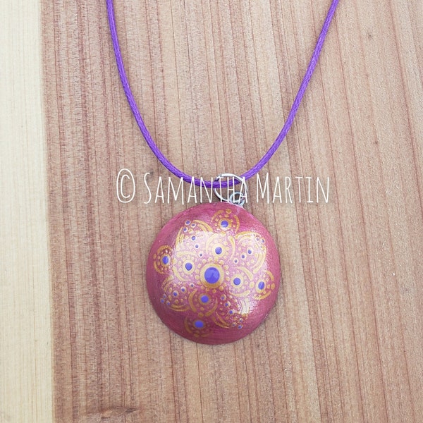 Gold, Purple, and Berry Mandala Pendant with Necklace, Dot Mandala, Mandala Necklace, Dot Art, Handmade, Gift