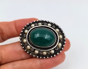 Vintage Brooch Pin Pendant, Handmade Green Agate Pearl Brooch, Vintage 925 Sterling Silver Filigree Pin Israel 1950's