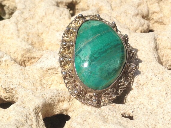 Pendentif/Broche En Argent 925 Et Pierre D'Eilat (Vert-Bleu) - Forme Goutte - Bijou Ancien Occasion