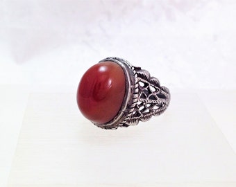 Gioielli Vintage, Anello Vintage, Vintage Carnelian Oriental Ring, Vintage Carnelian Silver Ring