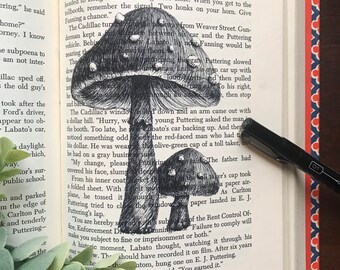 Mushroom Book Page Ink Drawing