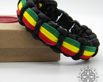 Rasta Stripe Paracord Bracelet: Reggae Jamaican Colors, Handmade Survival Jewelry
