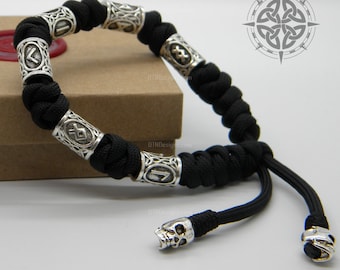 Viking Rune Bracelet, Paracord Snake Knot, Handmade Bracelets, Skull Jewelry, Gifts for Him, Nordic Beads, Celtic Knots, Norse Runes