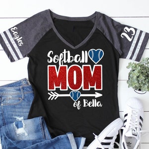 Glitter Softball Mom V-Neck Shirt | Personalized Team Colors