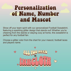 May include: Pink and blue graphic with the text "Personalization of Name, Number and Mascot". The text "All You Need Is Inkcloth" is in a pink and white retro font with hearts around it.