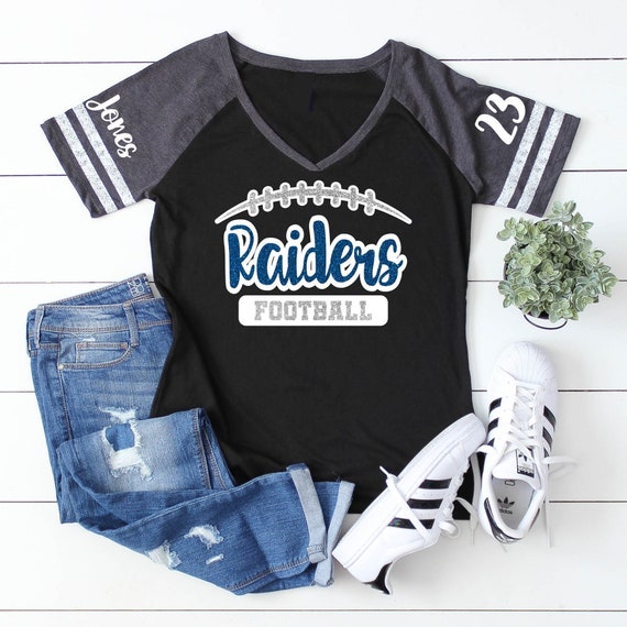 Glitter Football Glitter Shirt| Football Spirit Wear | Football Bling | Short Sleeve V-Neck T-shirt | Customize team & colors