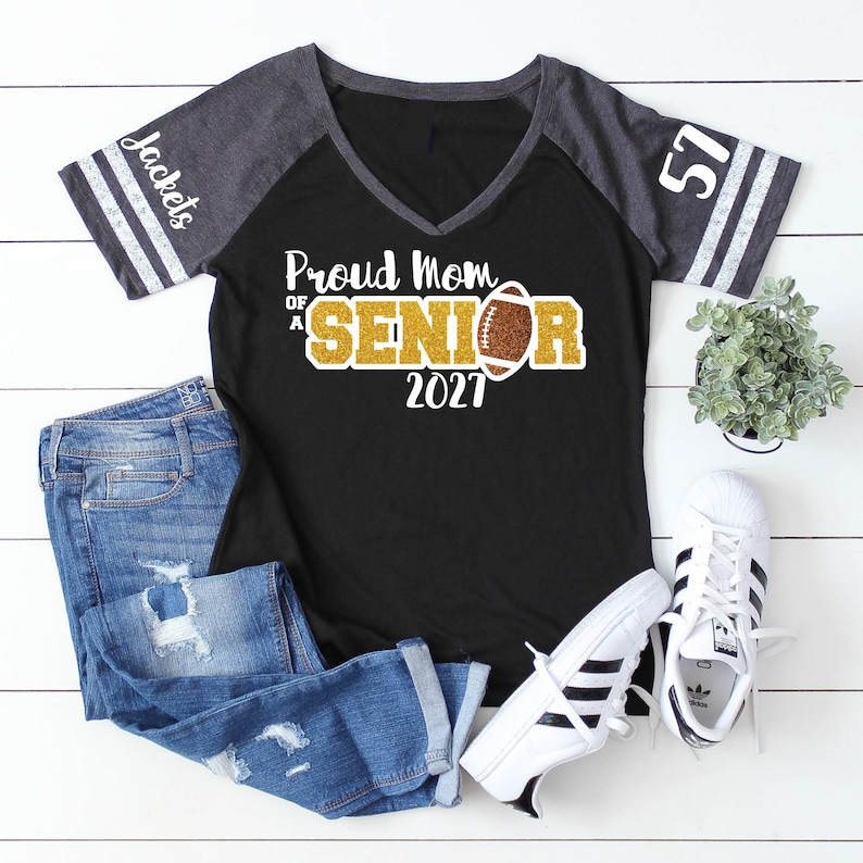 Glitter Football Mom Shirt | Senior Shirt | Football Shirts | Football Spirit Wear | Short Sleeve V-Neck T-shirt | Customize team & colors image 1