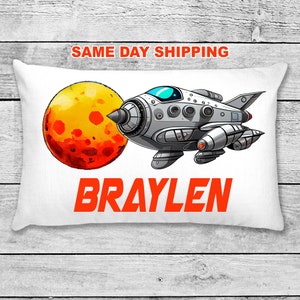 rocket ship pillowcase monogram with name • decorative personalized boys spaceship pillow case • outer space bedding decor