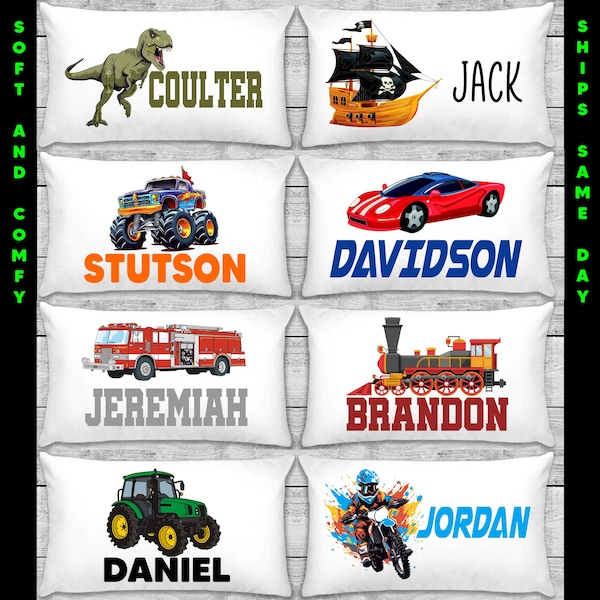 Personalized Pillowcase for Boys, Custom Pillowcase for Kids, Dinosaur, Race Car, Dirt Bike, Monster Truck, Birthday Gift