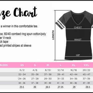 May include: Size chart for a women's v-neck t-shirt with distressed printed stripes at the sleeve. The chart shows measurements for chest, waist, hip, and length in inches for sizes XS to 3XL.
