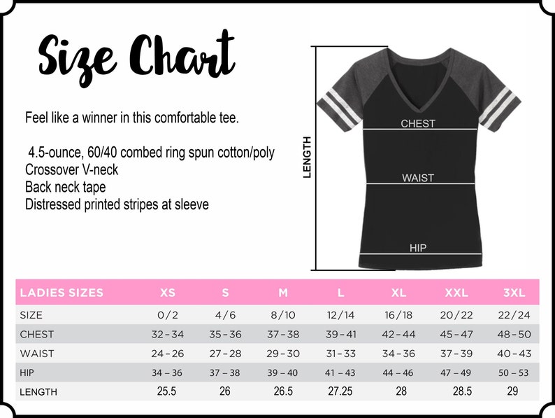 May include: Size chart for a women's v-neck t-shirt with distressed printed stripes at the sleeve. The chart shows measurements for chest, waist, hip, and length in inches for sizes XS to 3XL.