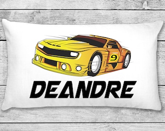 Personalized Yellow Race Car Pillowcase, Custom Name Pillow