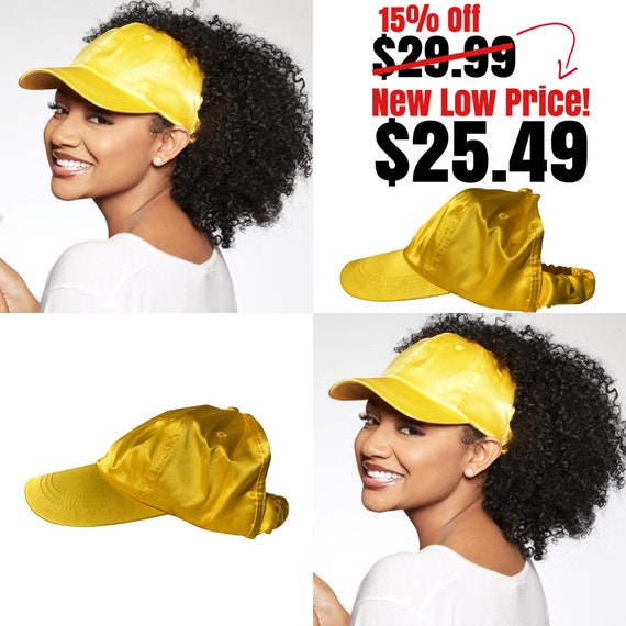 Satin Lined Baseball Backless Cap, Yellow dad hat, Protective Styles Hats, Natural Hair Hats,