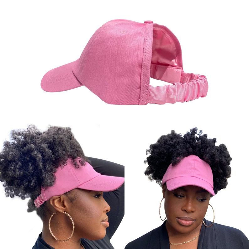 CurlCap Natural Hair Backless Cap Adjustable Satin Lined Baseball Hat for Women Pink