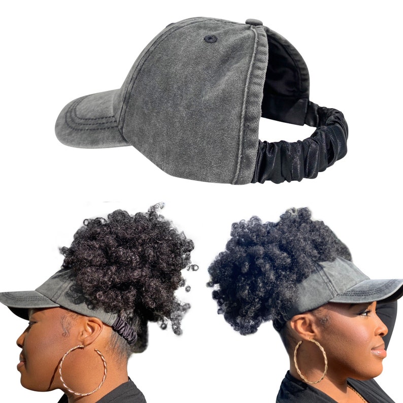 CurlCap Natural Hair Backless Cap Adjustable Satin Lined Baseball Hat for Women Black Denim