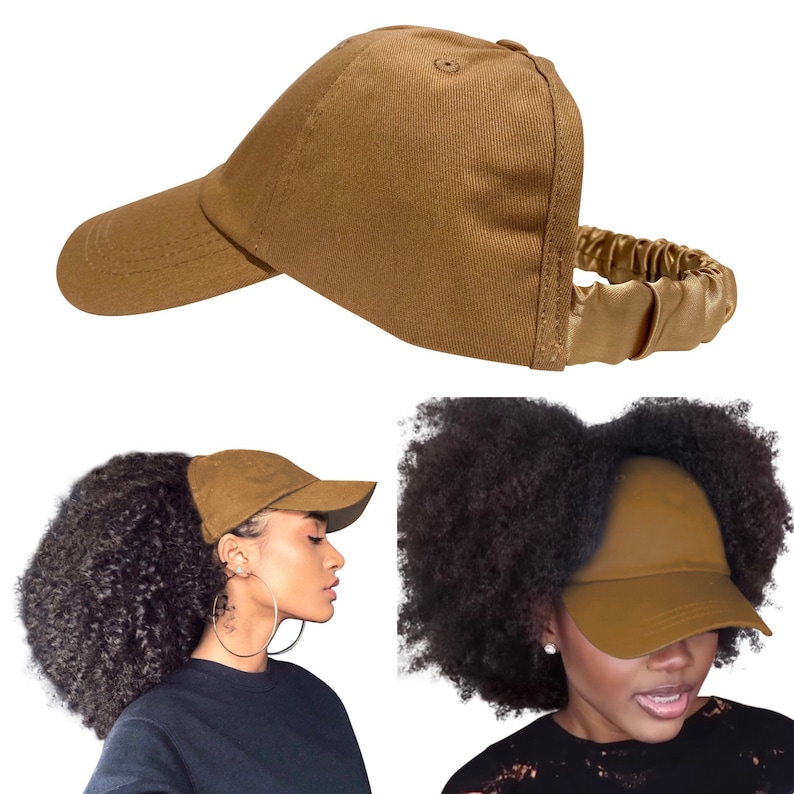 CurlCap Natural Hair Backless Cap Adjustable Satin Lined Baseball Hat for Women Tan