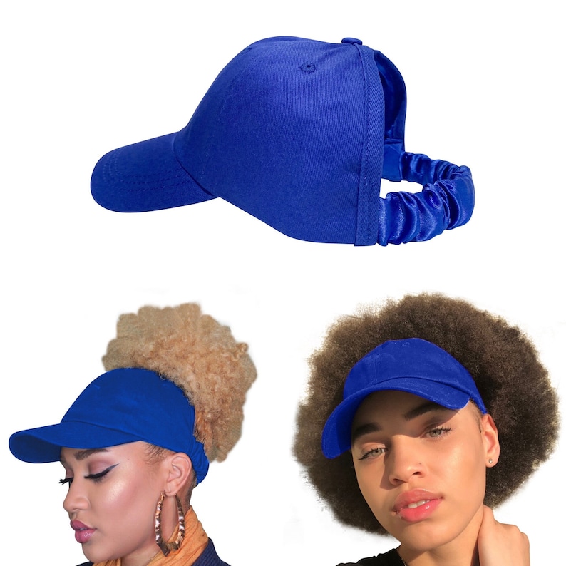 CurlCap Natural Hair Backless Cap Adjustable Satin Lined Baseball Hat for Women Blue